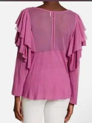 Free People La Cienega Wisteria Mauve Embroidered Sheer Inset Blouse Size L thumbnail 2