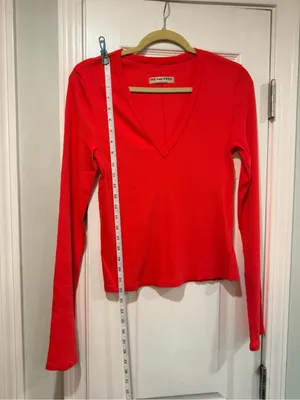 NWOT We The Free Size L Free People Ribbed V-Neck Long Sleeve Fitted Top Raw Hem thumbnail 6