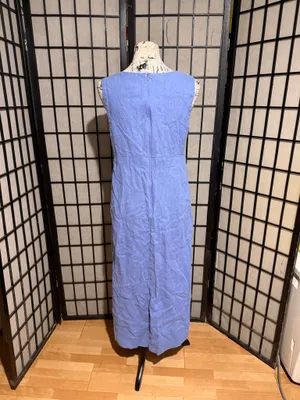 Harve Benard Vintage Linen periwinkle sleeveless V-neck side slits Sz M Maxi Dress Light Blue coastal minimalist thumbnail 3