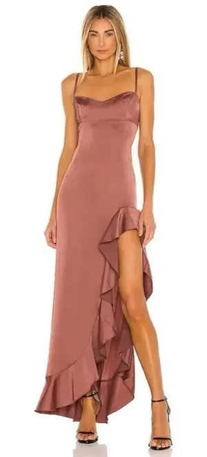 Nookie Sasha Satin Gown REVOLVE Mocha Brown Small NWT Ruffle Slit Formal Dress thumbnail 1