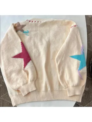 POL Patchwork Star Sweater - Beige V Neck Thick Knit Size Medium thumbnail 6