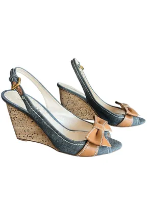 Prada Women’s Peep Toe Denim Cork Leather Bow Wedge Y2K Vintage Heels 38.5 thumbnail 2