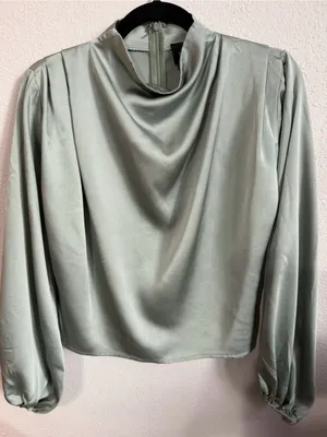 Line & Dot Satin Mock Neck Blouson Top - Sage Green thumbnail 5