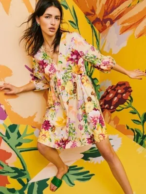 H&M XL Floral Babydoll Mini Dress Puff Sleeve V Neck Tie Back Cottagecore Pretty thumbnail 4