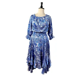 Tahari New Smocked Dress Asymmetrical Ruffle Hem Blue Paisley NWT Women Size 16 thumbnail 3