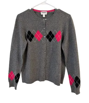 Charter Club 100% Cashmere Argyle Y2K Cardigan Sweater Gray Women's Size Medium thumbnail 1