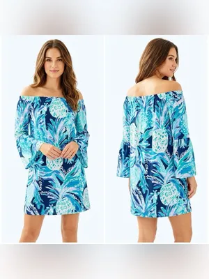 Lilly Pulitzer Women’s Off The Shoulder Navy Alotta Colada Mini Dress Size XXS thumbnail 2