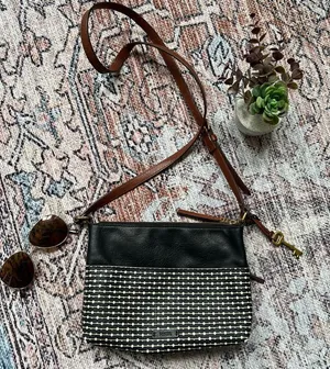 Fossil Fiona Crossbody Bag Coated Canvas Key Print Stripe Black White Brown thumbnail 1