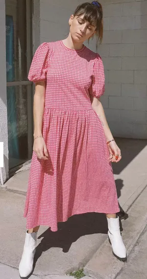 Urban Outfitters Antibes Gingham Puff Sleeve Midi Dress Pink Size Small thumbnail 1