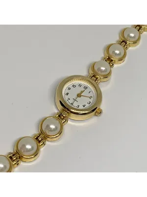 Vintage women’s watch faux pearls gold tone links 21mm quartz 7” running thumbnail 3