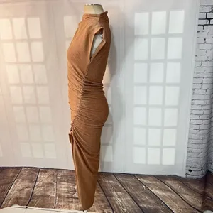 Dress Forum Tan Metallic Glitter High Neck Ruched Slit Bodycon Midi Dress Small thumbnail 9