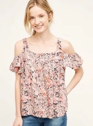 MAEVE Anthropologie Womens TOP Short Cold Shoulder Sleeve PINK Gray Size M thumbnail 1