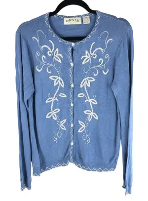 Orvis Womens Cardigan Sweater Silk Linen Blend Embroidered Blue White Size M thumbnail 1
