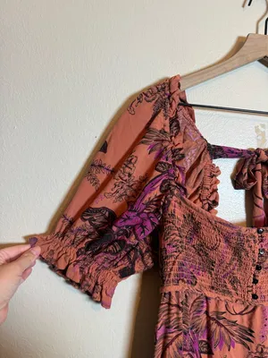 Anthropologie Smocked Puff Sleeve Midi Dress Tropical‎ Print thumbnail 5