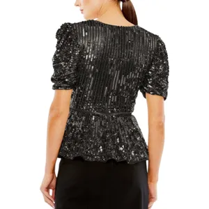 Mac Duggal R5694 Black Sequin Floral Faux Wrap Peplum Top L thumbnail 2