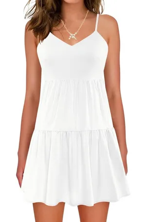 NWT ~ Short White Flowy Boho Sundress Summer Bohemian Beach Mini Dress ~ MEDIUM thumbnail 1