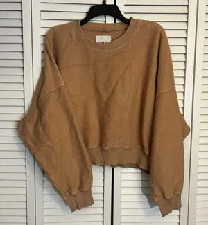 aerie | size large brown khaki ribbed crewneck thumbnail 1