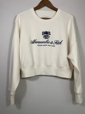 Abercrombie & Fitch Embroidered Logo Cream Cropped Sweatshirt - Small thumbnail 1