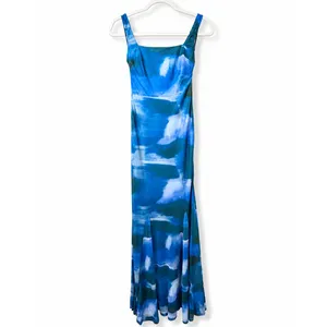NEW Lulus Zemina Blue Abstract Godet Watercolor Pleated Mermaid Maxi Dress XS thumbnail 6