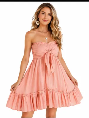 Amazon Coral Strapless Tie-Front Ruffle Mini Dress thumbnail 1