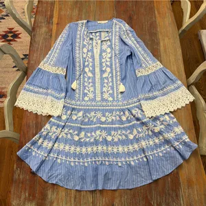 Tory Burch Light Blue Embroidered Crochet Bell Sleeve Tunic Coverup Dress Sz 6 thumbnail 1