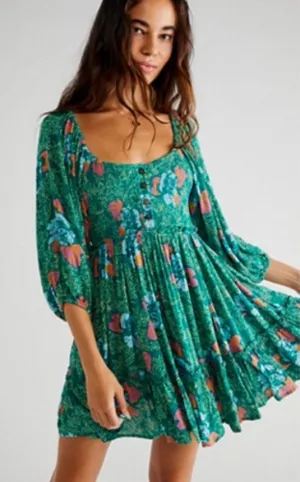 Free People Women's Green Floral Scoop-Neck Mini Dress with smocked bodice sz xs thumbnail 1