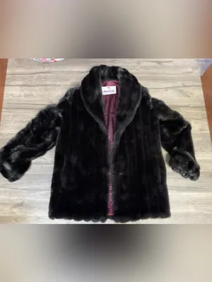 Vintage Monterey Fashions Faux Fur Coat Black Dark Brown Burgundy Lining SZ 12 thumbnail 2