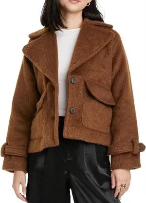A New Day Brown Two Button Spread Collar Lined Furry Jacket Size Small thumbnail 1