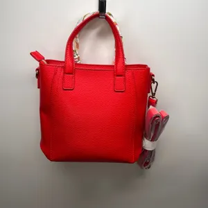 Red Pebbled Leather Tote Bag with Floral Scarf‎ Top Handle Detachable Strap thumbnail 2