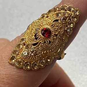 Vintage Ornate Wide Gold Tone Filigree Statement Ring Red Gemstone Adjustable thumbnail 6