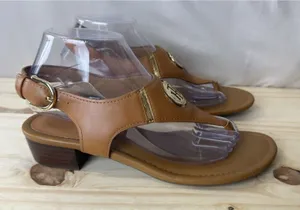 Tommy Hilfiger Women Thong Sandals Brown Ankle Strap Gold Buckle Open Size 8 M thumbnail 1