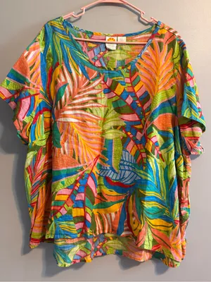 C&C California 3X 100% Linen Tropical Print Oversized Short Sleeve Top thumbnail 1