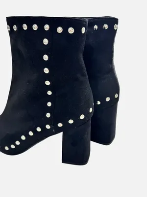 Black Faux Suede Studded Pointed Toe Block Heel Ankle Boots Size 10 10.5 42 thumbnail 7