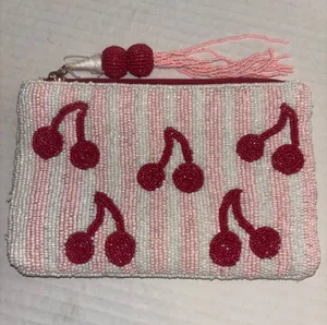 CHERRY BEADED BAG WHITE PINK STRIPED WITH CHERRY DESIGN BEADED TASSEL ZIP PULL thumbnail 1