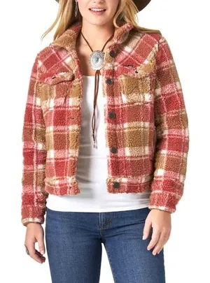 NWOT Wrangler Retro Fuzzy Plaid Sherpa Coat‎ Pink Cream Checkered thumbnail 1