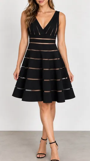JS Collections Black Tan Stripe Fit & Flare Cocktail Dress thumbnail 1