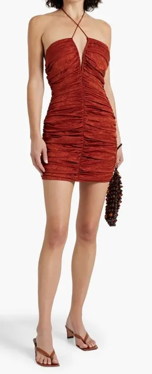 Ronny Kobo Orielle Rust Orange Silk Blend Jacquard Ruched Halter Mini Dress L thumbnail 1