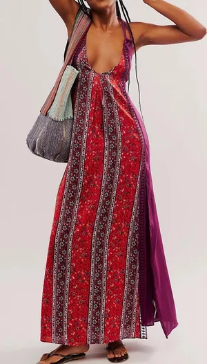 Intimately Free People Bohemian Nights Maxi Slip Dress in fiery red combo Size M thumbnail 1