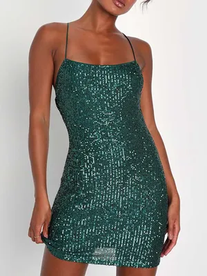 NEW Lulu’s Green Sequins Strappy Open Back Bodycon Mini Dress Womens Size Medium thumbnail 1