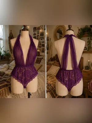 2X - Adore Me - Deep Purple Sheer Lace Halter Teddy thumbnail 2