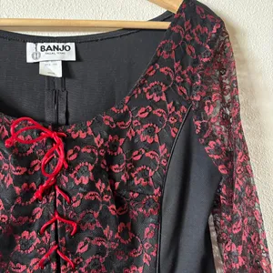 Vintage Banjo Black Red Lace Corset Long Sleeve Western Whimsygoth Blouse Medium thumbnail 2