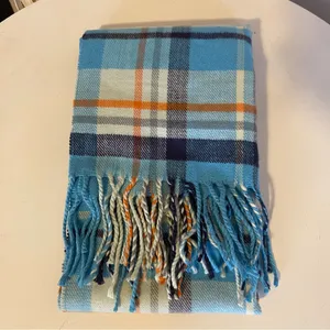 Cashmere Blue Plaid Fringe Scarf Made in Scotland 66 x 11.5 thumbnail 2