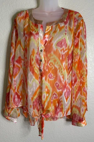 Chicos 3 US XL Womens Blouse Orange Ikat Sequin Neck Front Tie Long‎ Sleeve Top thumbnail 1