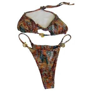 NWT Animal Print String Bikini Set Gold Hardware 2 Piece Swimsuit Medium thumbnail 3