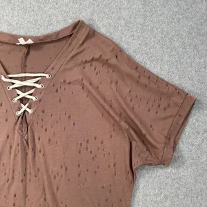Buckle Tattered Lace Up Tee Shirt Women's Small Brown Short Sleeve Distressed thumbnail 2
