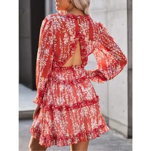 NEW Deep V Neck Long Sleeve Ruffle Layer A-Line Swing Mini Dress L thumbnail 2