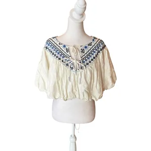 Free People Joni Top Boho Embroidered Puff Sleeve Cropped White Blue Women Small thumbnail 2