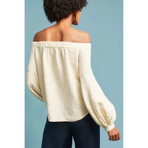 Maeve Anthropologie Clotille Off Shoulder Blouse Yellow Stripe Linen Blend Sz 14 thumbnail 4
