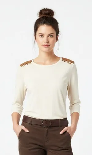 Ralph Lauren Cream & Brown Leather Shoulder Long Sleeve Ribbed Tee T Shirt Top M thumbnail 1