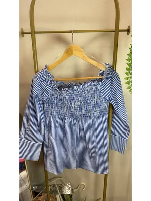 Size M Blue & White Striped Smocked Off-the-Shoulder Top thumbnail 3